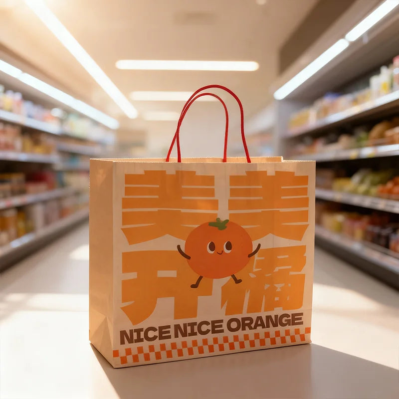 Custom Printing Cartoon Patterns Recyclable Brown Square Bottom Food Shopping Flat Handles Personalized Brown Kraft Paper Bags