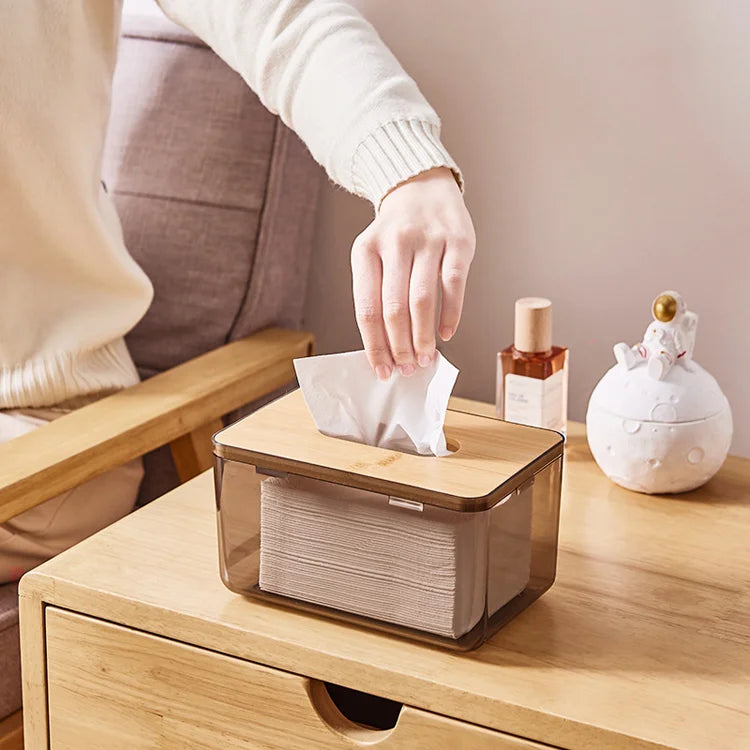 Waterproof Classic Plastic Tissue Box with Bamboo Lid