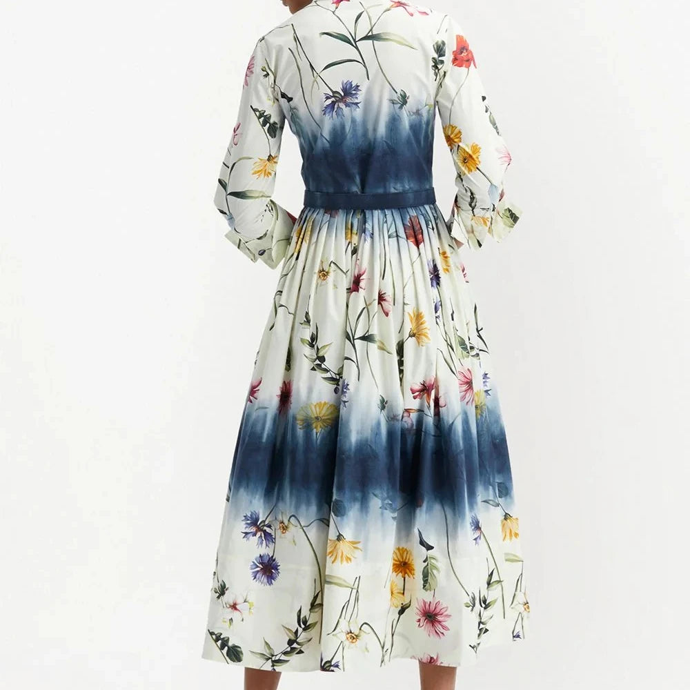 Autumn Fashion Women's Casual Long Sleeve A-Line Button Dress Custom Logo Floral-print Tie-Dye Made Chiffon Woven Digital