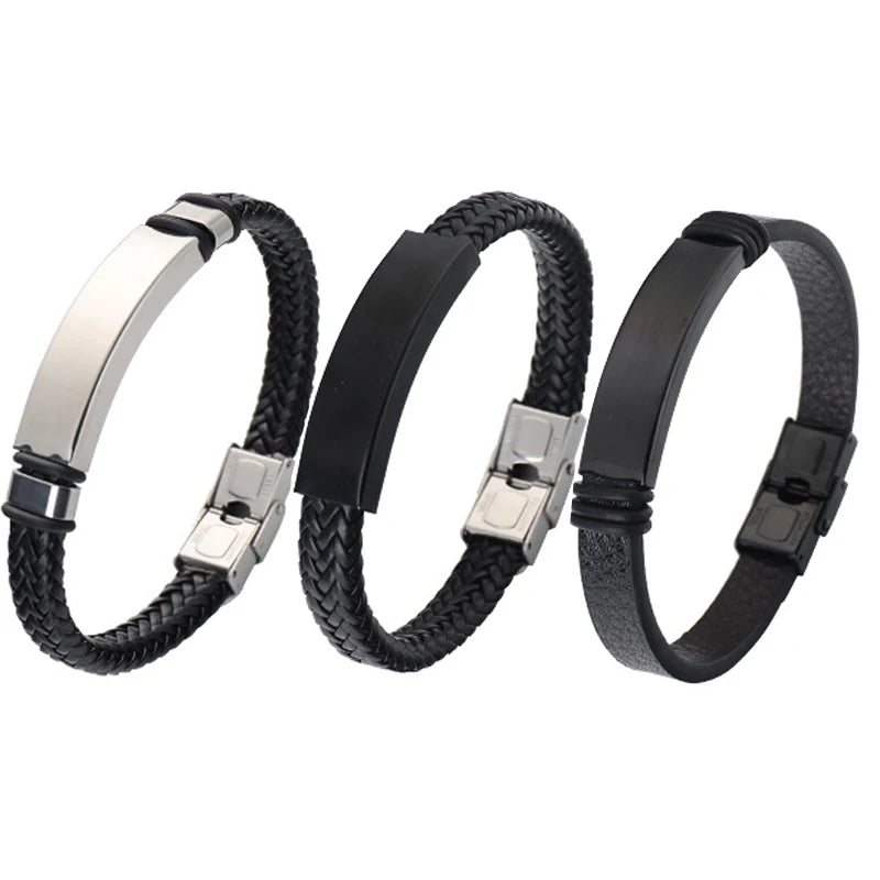 2021 New Design Simple Stainless Steel Leather Custom logo Engraved Bracelet for Couple