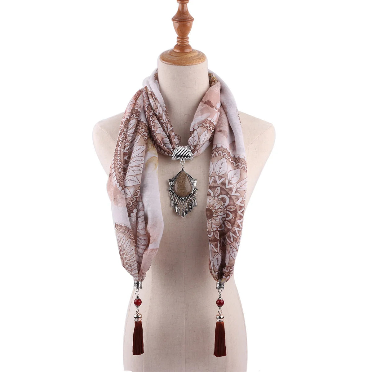Fashion Polyester and Cotton Chiffon Floral Necklace Scarf with Water Drop Alloy Ornament