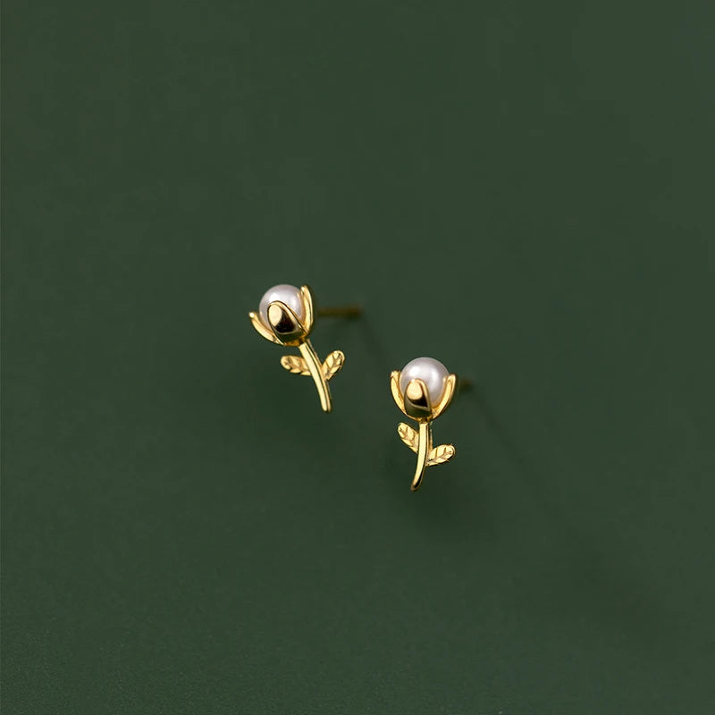 Elegant Romantic 925 Sterling Silver Rose Stud Earrings Ladies' Trendy Synthetic Pearl Floral Jewelry for Sweet Birthday Parties
