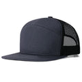 OEM ODM Custom 7 Panel Denim Trucker Hat Mesh Back Flat Brim Adjustable Snapback Cap Vintage Foam Front High Crown Fashion