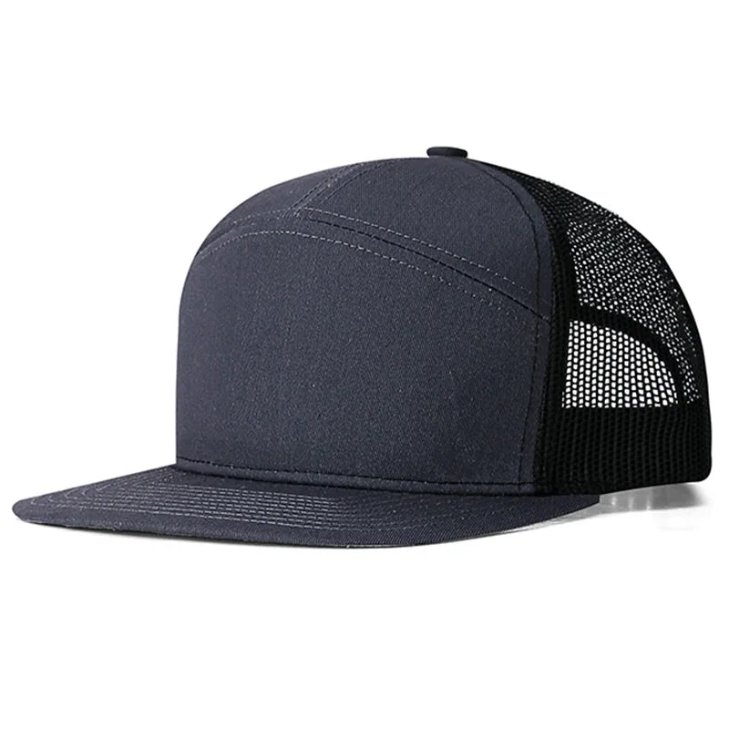 OEM ODM Custom 7 Panel Denim Trucker Hat Mesh Back Flat Brim Adjustable Snapback Cap Vintage Foam Front High Crown Fashion