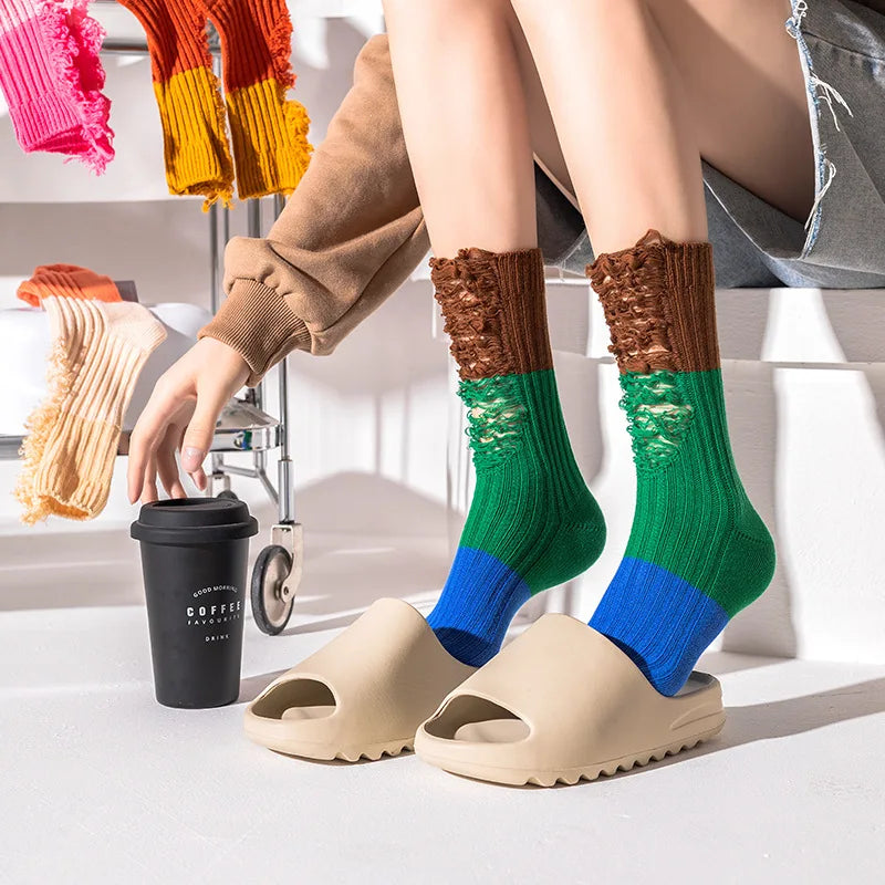 Custom Broken Hole Beggar Color-blocking New Medium-high Color-blocking Stitching Pile up Broken Hole Socks Cotton Socks
