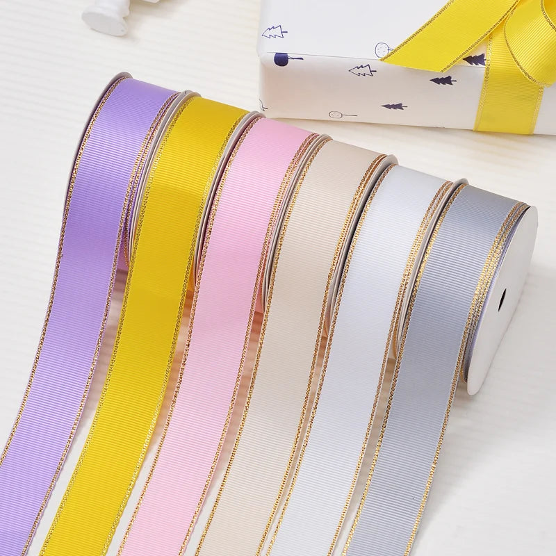 Ribest Gold Metallic-Edge Grosgrain Ribbon for Gift Packaging and Bows 1 Inch Wholesale