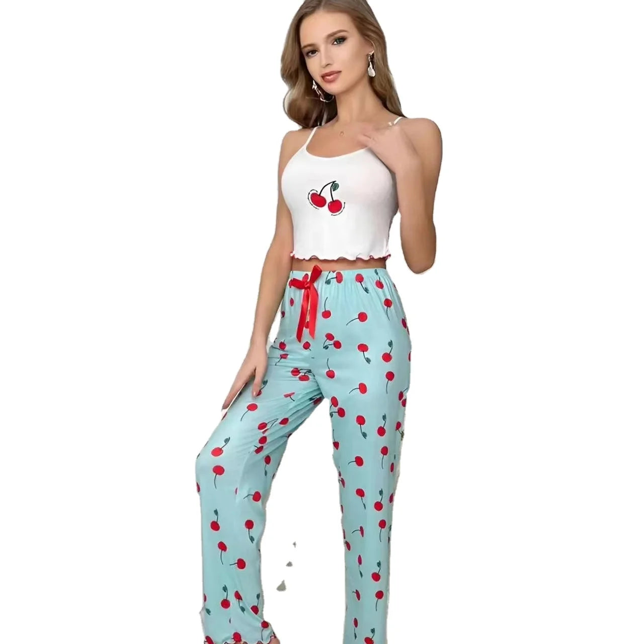 Wholesale Fashion Home Clothing European American Style Two-Piece Set Sleeveless Top Long Pants Sweet Cherry Print for Women's
