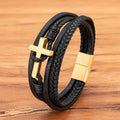 Yunse Stainless Steel Men's Vintage Charm Cross Weave Genuine Leather Bracelet European Popular Men Bracelet Designer