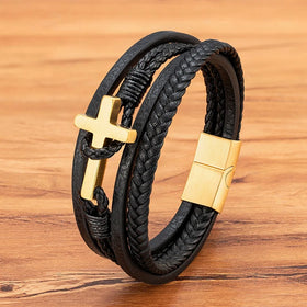 Yunse Stainless Steel Men's Vintage Charm Cross Weave Genuine Leather Bracelet European Popular Men Bracelet Designer