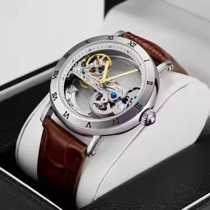 FORSINING Top New Luxury Retro Minimalist Transparent Automatic Movement Waterproof Genuine Fashion Mechanical Mens Watch