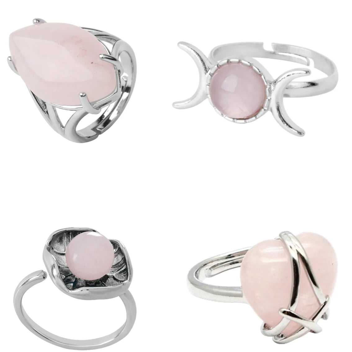 French Jewelry Round Rose Quartz Silver Alloy Ring Exquisite Jewelry Fashion Fashion Suitable for Girls and Women