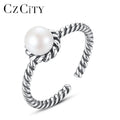 CZCITY 925 Woman Bohemian Antique Silver Metal Black Simple Geometric Jewellery Adjustable Pearl Ring