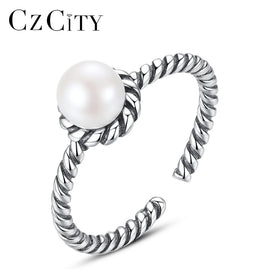 CZCITY 925 Woman Bohemian Antique Silver Metal Black Simple Geometric Jewellery Adjustable Pearl Ring