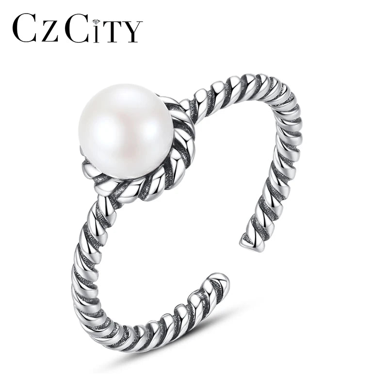 CZCITY 925 Woman Bohemian Antique Silver Metal Black Simple Geometric Jewellery Adjustable Pearl Ring