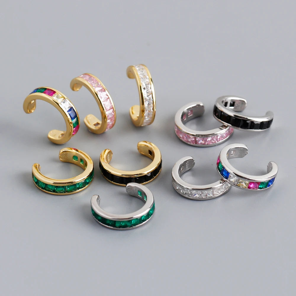 Fashion 925 Sterling Silver Colorful Green pink Cz Diamond Ear Cuff Diamante Clip-on Earrings for Women