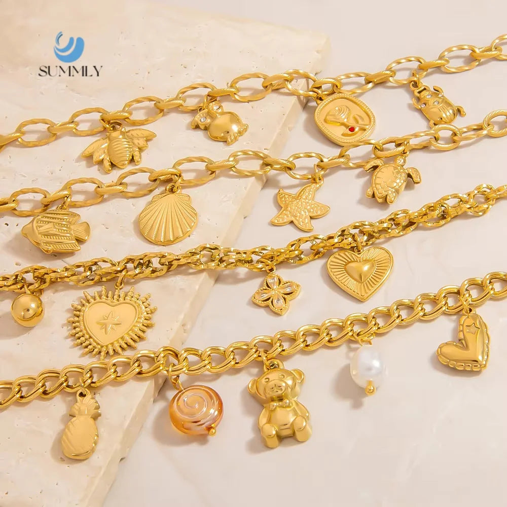 SUMMLY Trendy Wholesale Creative Bear Charm Pendant 18K Gold Plated Stainless Steel Chain Bracelet Fashion Jewelry