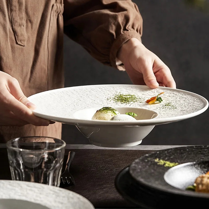 Stone Texture Ceramic Wide Rim Pasta Plate Creative Artistic Porcelain Soup Bowl for Fine Dining Restaurants