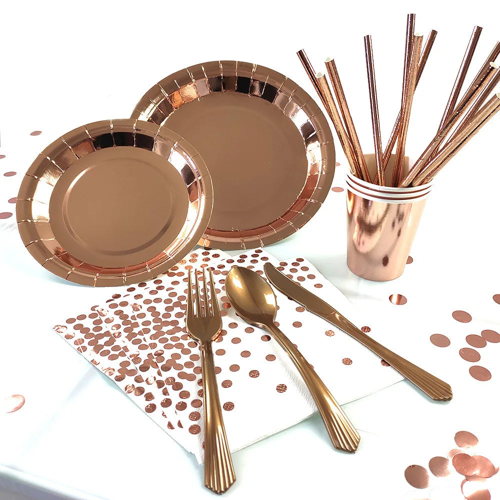 Multi-style Set Disposable Rose Gold Tableware Degradable Cup Napkin Straw Rose Gold Paper Plate Party Supplies