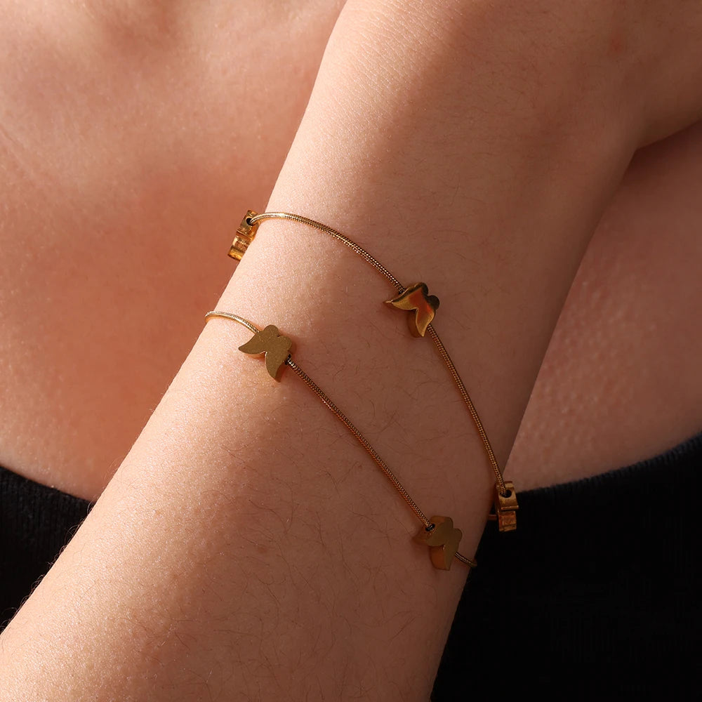 Fashion Butterfly Double Layer Thin Round Snake Chain Stainless Steel Five Heart Women Bracelet Jewelry Hypoallergenic
