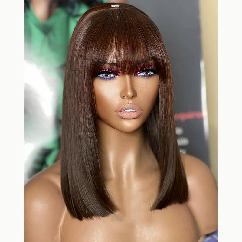 Brazilian Fringe Wig Lace Front 100% Natural Raw Virgin Human Hair Brown Color Short bob Wigs with Bangs for Women
