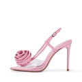 White Flower High Heels Size 13 Womens Shoes Pointed Peep Toe Slingbacks Sandals With Rose Pink
