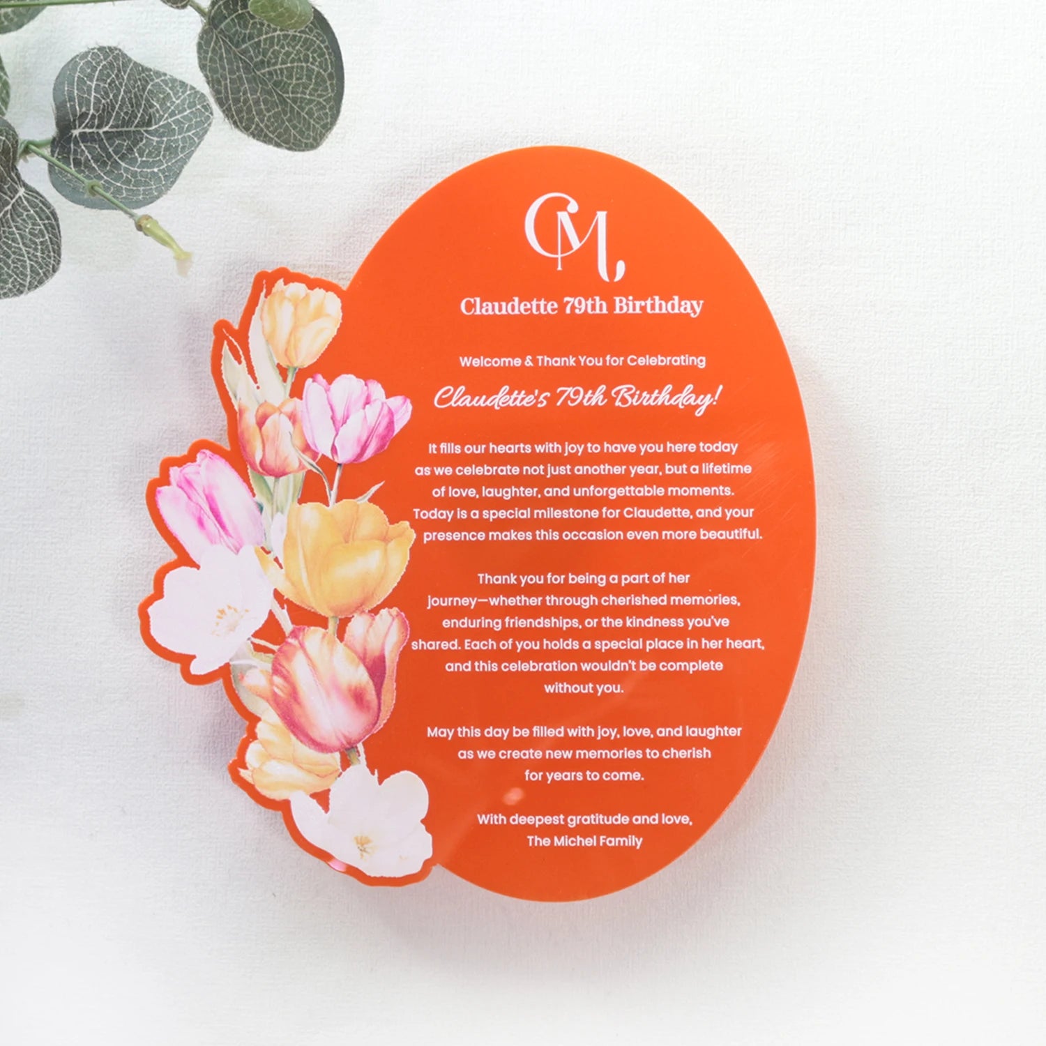 Personalized Custom Flower Orange Colored Acrylic Birthday Invitation Thank You Greeting Card