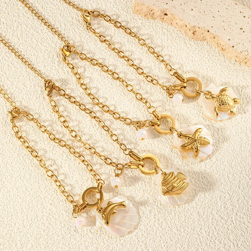 Hot Selling Summer Ocean Series Starfish Turtle Shell Pendant Bracelet Fashionable Retro 18k Gold-plated Stainless Steel Jewelry