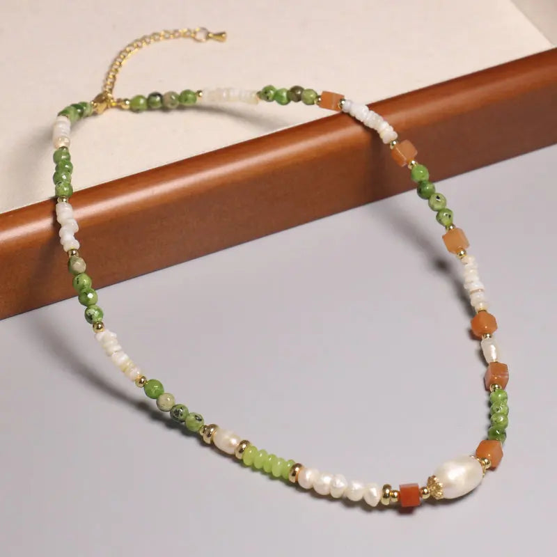 Trendy Healing Energy Choker Natural Stone Green Aventrurine Beaded Clavicle Necklace Baroque Pearl Charm Jewelry for Women Gift