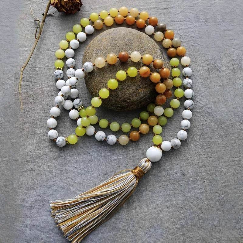 Handmade 108 Bead Prayer Mala 8mm Natural Stone Long Tassel Spiritual Knotted Necklace for Yoga Meditation Gift