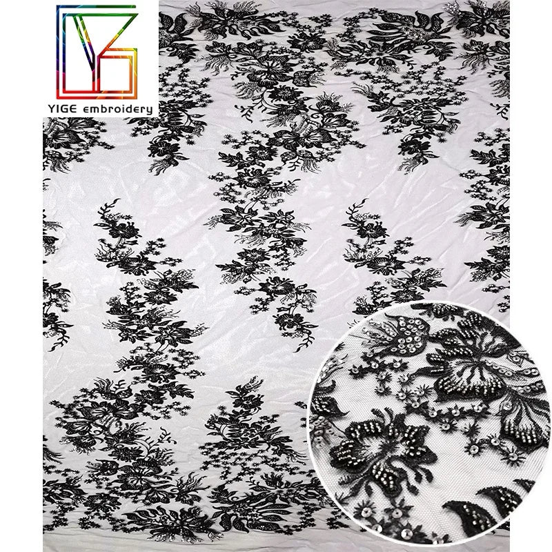 Black Silver Color Polyester Tulle Embroidery Fabric Beads With With Sequins for Women Dress
