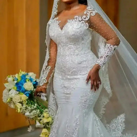 S8215F Africa Women Mermaid Lace Appliques Beading Garden Gown With Sweep Train Country Wedding Dress