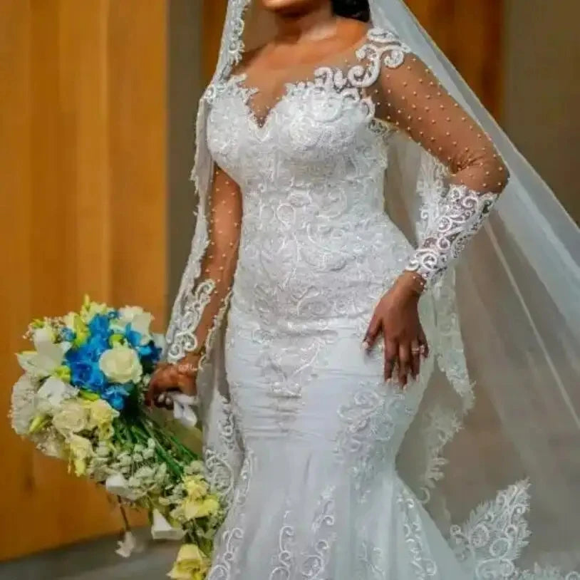 S8215F Africa Women Mermaid Lace Appliques Beading Garden Gown With Sweep Train Country Wedding Dress