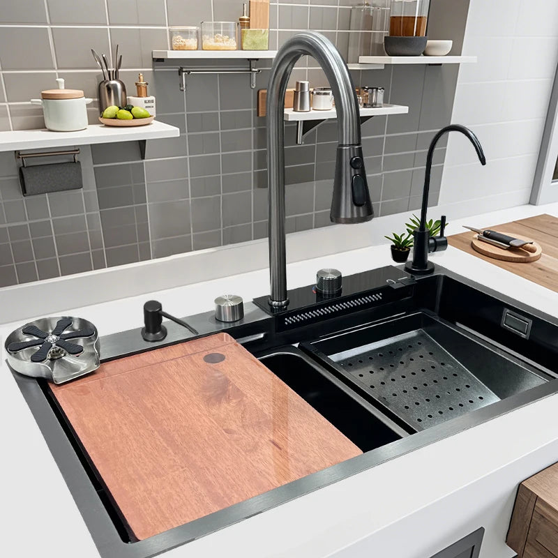 China Factory OEM Stainless Steel Sinks Apron Front Nano Black Portable LED Waterfall Kitchen Sink Set