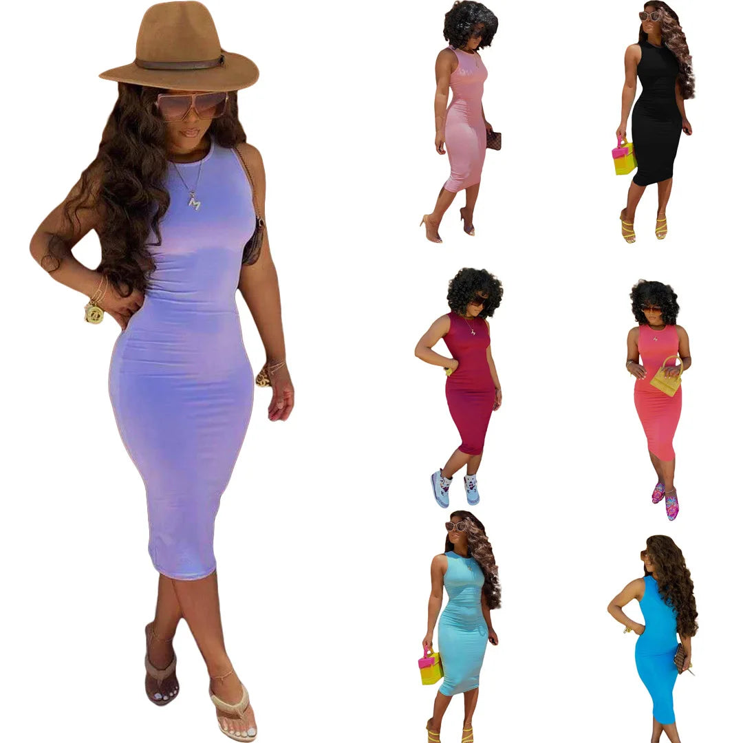 2026 New Arrivals Wholesale Sleeveless Solid Color Dress Women Summer Bodycon Dresses