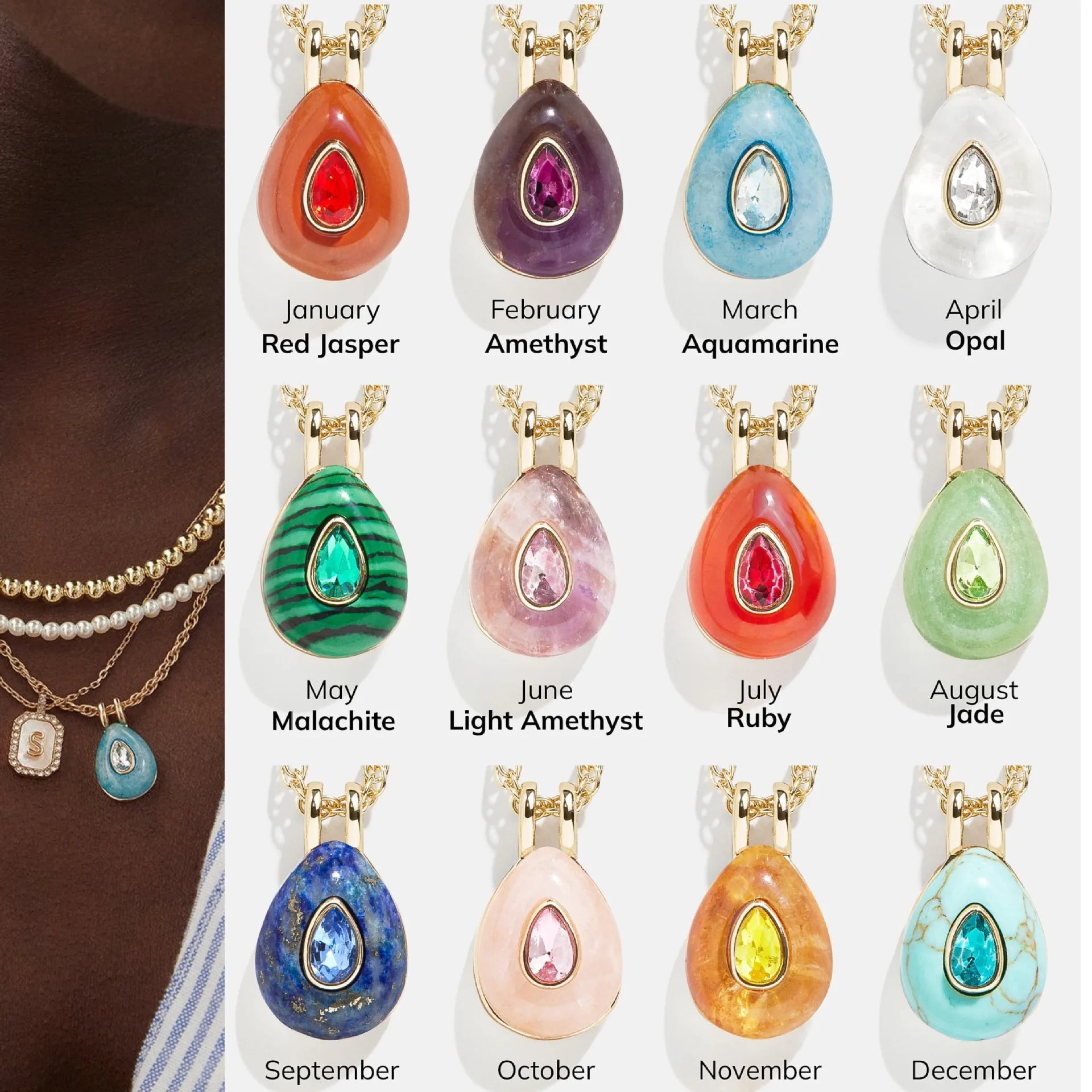 Trendy Stainless Steel 18k Gold Plated Waterdrop CZ 12 Birthstone Charms Pendant Customized Gemstone DIY Jewelry
