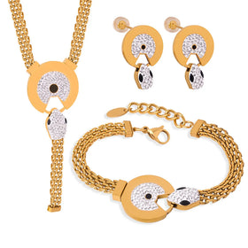 BM High Quality Luxury Round Pendant Stainless Steel 18k Gold Women Zircons Jewelry Set