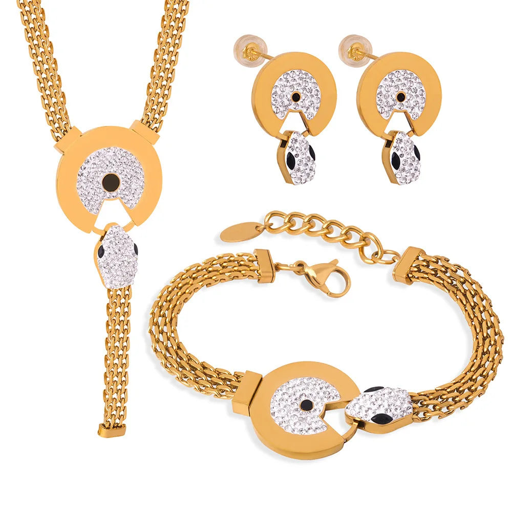 BM High Quality Luxury Round Pendant Stainless Steel 18k Gold Women Zircons Jewelry Set