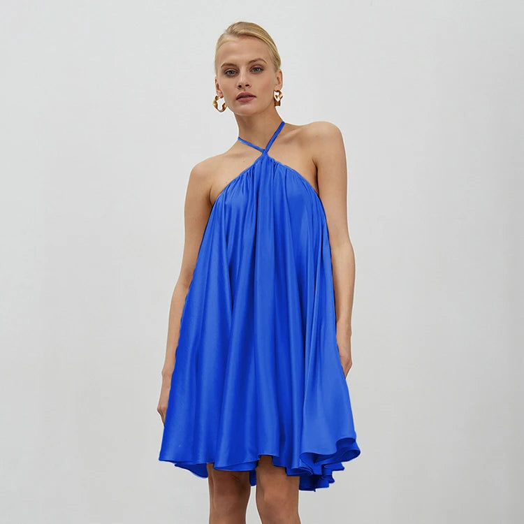 Lace-Up A-Line Flared Party Evening Short Satin Dresses Women Blue Sexy Backless Halter Summer Dress Vestidos Cortos