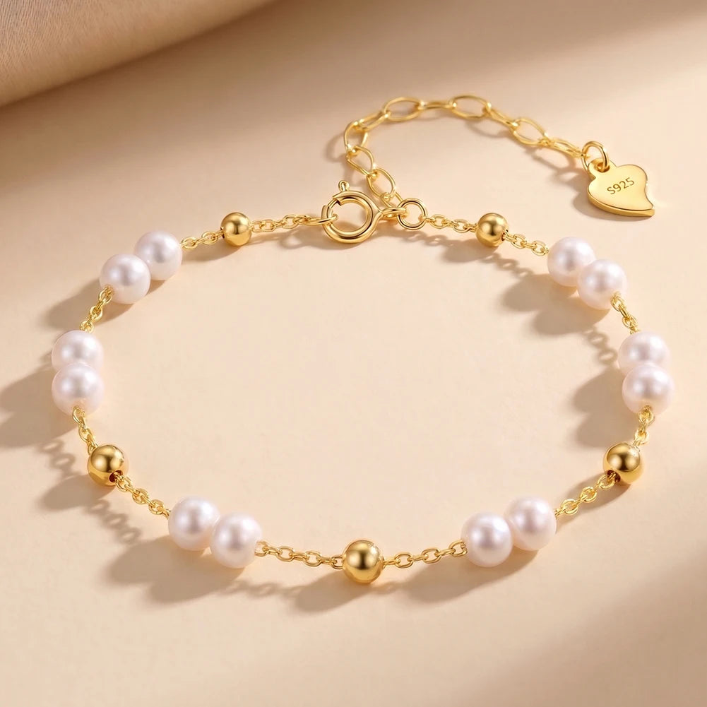 RINNTIN GPB40 Korean Bracelet 14K Gold Plated Beads with Freshwater Pearl Adjustable Link Chain Pearl Bracelets for Women