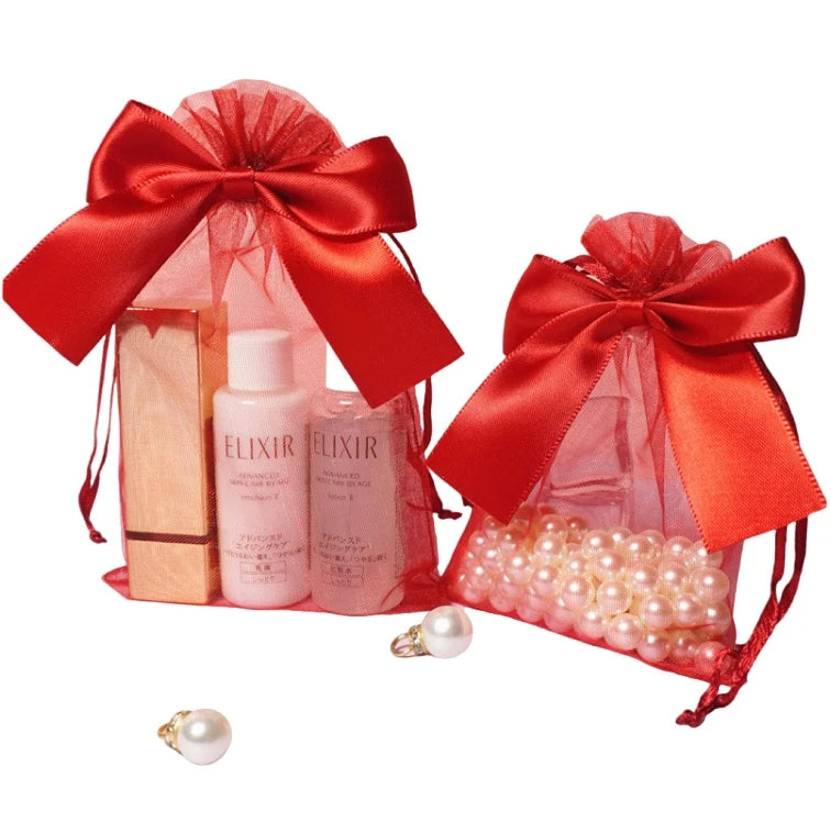 Stock Wholesale Cosmetic Sample Packaging Bags Gift Bag Bow Transparent Mesh Organza Red Gift Pouches