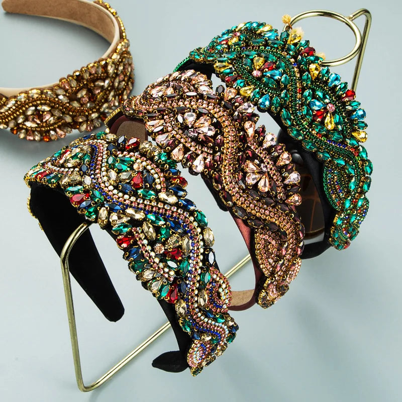 Luxury Retro Rhinestone Crystal Waterdrop Beads Baroque Sponge Headbands for Women Party Headdress Hair Band Accessories