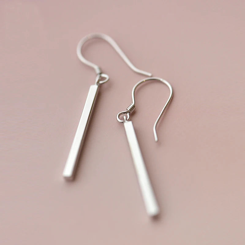 925 Silver Plated Long Strip Pendant Hook Earrings Long Bar Cuboid Hook Earring for Girls