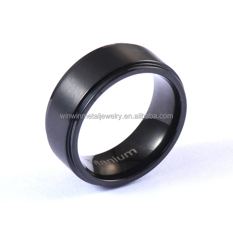 8mm Men's Black Titanium Ring Brushed Trendy Style Stepped Edges Certified Wedding Engagement Anniversary Party Gift
