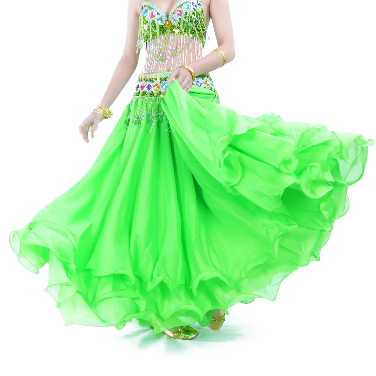 3Layer Green Chiffon Belly Dance Skirt 12Meter Dancing Costume Tribal Maxi Full Performance Stage Skirts for Women