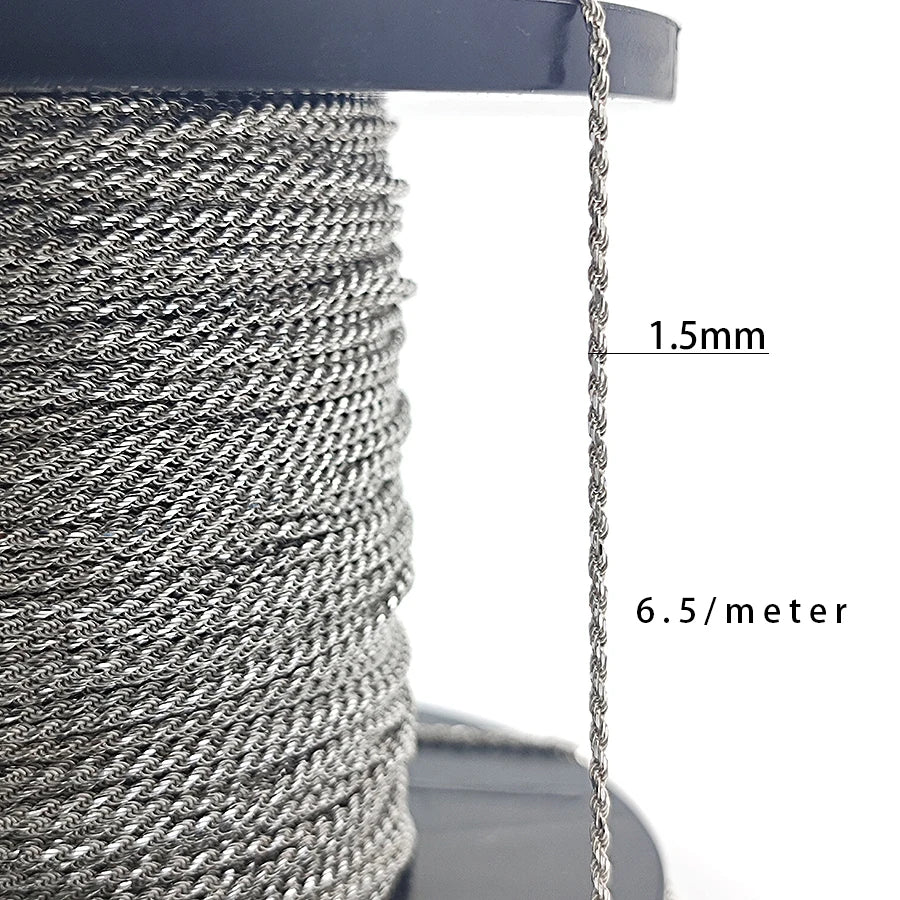 Factory Supplier 1.5mm Diamond Cut Rope Chain Semi-finished Rhodium Plated Sterling Silver 925 Bulk Roll for Men Women Gift