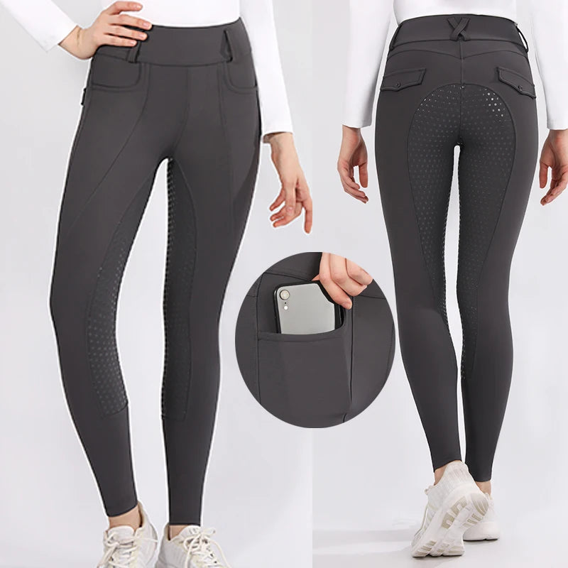 New RTS Gray Silicone Jodhpurs Breeches Women Horse Riding Pants Leggings Tights With Pocket Equestrian Breeches Clothing