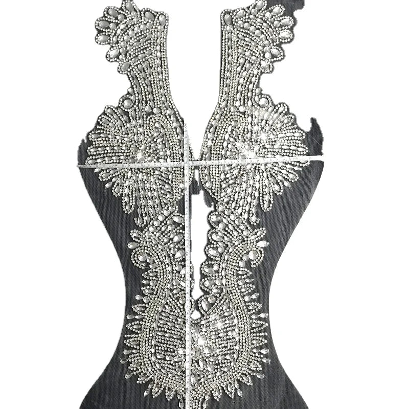 W020 Factory Bridal Rhinestone Fabric Applique Patch Beads Crystals Rhinestones for Gown Dress