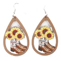 Retro Western Cowboy Popular Men's Leather Boots Cute Women's Wood FS Flower Sunflower Water Drop Shaped Pendant Chic Earrings