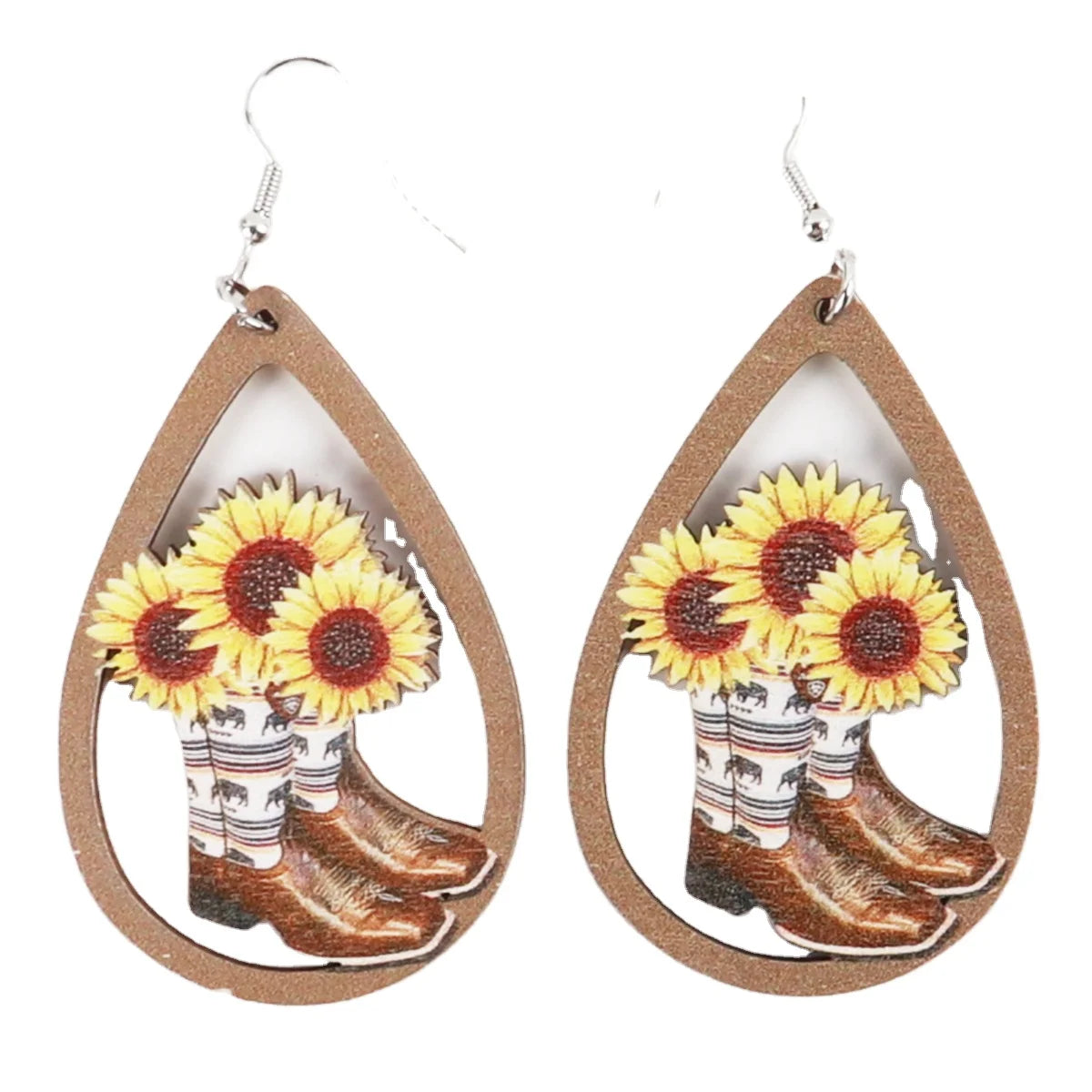 Retro Western Cowboy Popular Men's Leather Boots Cute Women's Wood FS Flower Sunflower Water Drop Shaped Pendant Chic Earrings