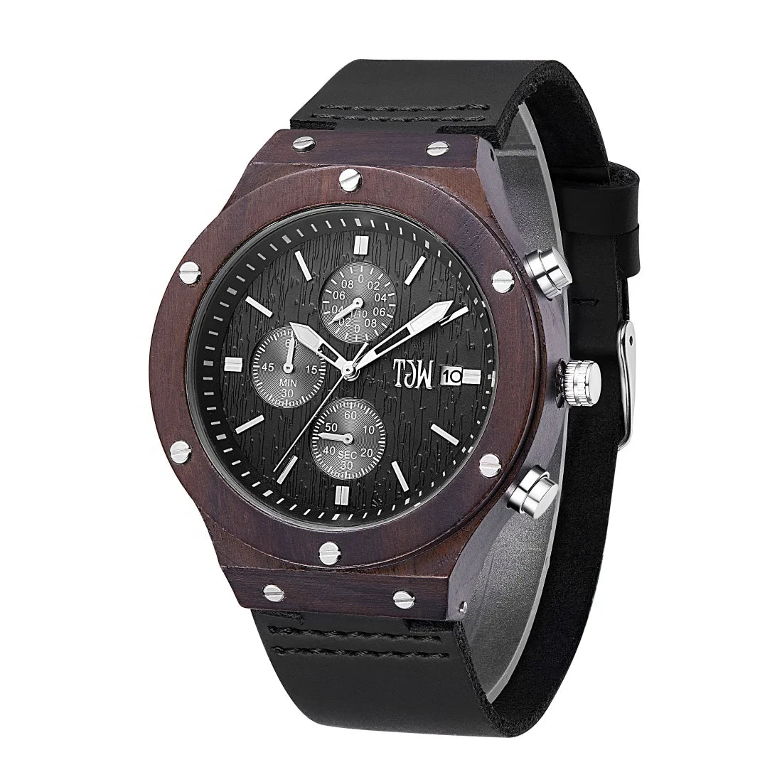 TJW Men's Luxury Fashion Quartz Watch Seiko Movement 45mm Crazy Horse Leather Strap 24mm Ebony Case with Mineral Glass